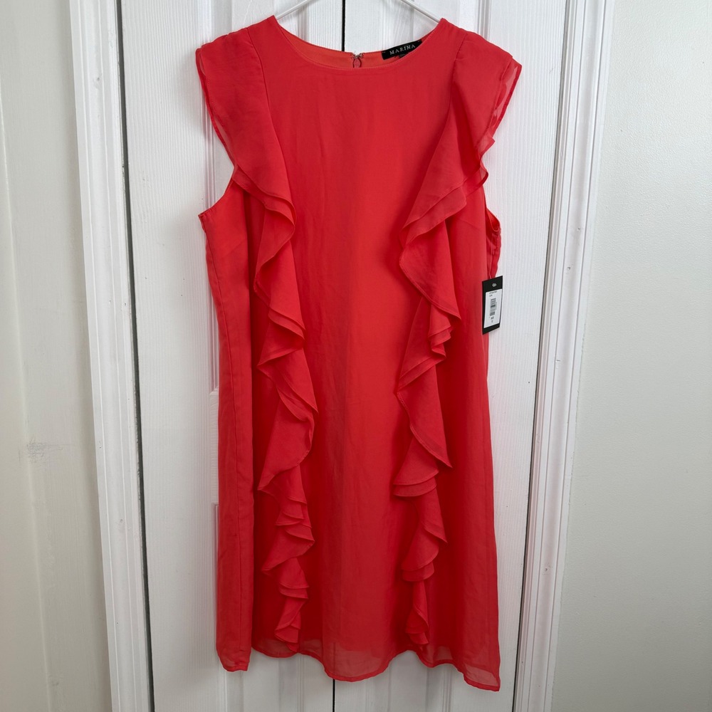 Marina Coral Ruffle Sheath Dress‎ Women's Size 12 Sleeveless Knee Length